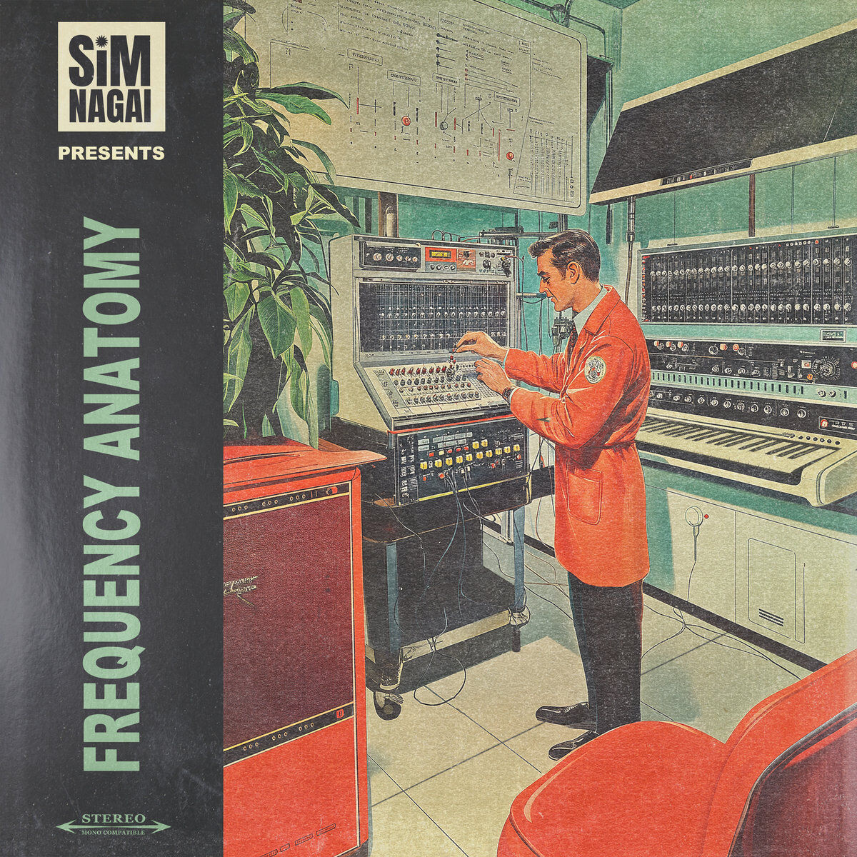 Sim nagai frequency anatomy - Vintage illustration of a person in a lab coat adjusting knobs on a complex electronic mixing console in a room filled with vintage audio equipment. A large diagram hangs on the wall behind the console, and a large keyboard sits to the right. The text "SiM NAGAI PRESENTS FREQUENCY ANATOMY" is overlaid on the left side of the image. Vintage-Illustration eines Mannes in einem Laborkittel, der Knöpfe an einem komplexen elektronischen Mischpult in einem Raum voller Vintage-Audiogeräte einstellt. Hinter dem Mischpult hängt ein großes Diagramm und rechts steht eine große Tastatur. Der Text „SiM NAGAI PRESENTS FREQUENCY ANATOMY“ liegt auf der linken Seite des Bildes.