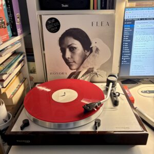 Flea honora nonesuch - Eine rote Schallplatte dreht sich auf einem Thorens-Plattenspieler, mit dem Albumcover "Flea - Honora", das eine Frau mit einer weißen Taube auf der Schulter im Hintergrund zeigt.